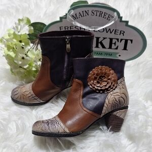 Spring Step Brown and Tan Floral Ankle Boots
